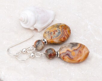 Crazy Lace Agate Earrings, Natural Stone Earrings, Ochre, Grey & yellow Earrings, Sterling Silver, Everyday Earrings, Neutral Tone Earrings