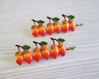 Vintage Enamel Acorn Barrettes / Bobby Pins