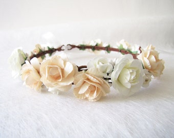 Champagne Color Wedding Floral Crown, Wedding Flower Headband, Floral Head Wreath, Bridesmaid Floral Crown, Flower Girl Floral Crown