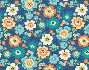 Blue Floral Quilt Fabric, Riley Blake Road Trip C5621 Road Blossoms Blue, Orange, Yellow, Turquoise Flower Fabric, Cotton