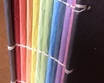 Rainbow journal, thick notebook, handmade paper, journal, sketch book, travel journal, guest book, recycled, recycled paper, pride, colorful