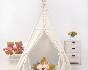 Teepee,kids teepee,tee pee tent,white teepee,canvas teepee,pom pom teepee,tipi ,tipi tent (Poles and storage bag included)