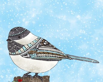 Adorable Holiday Chickadee in snow watercolour 8x10 wall art print illustration
