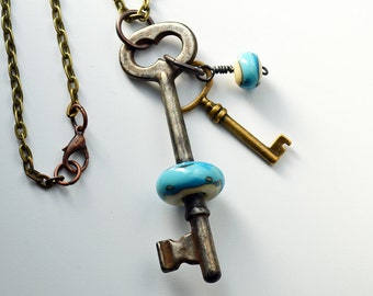 Blues on Ivory Lampwork Bead Vintage Skeleton Key Necklace