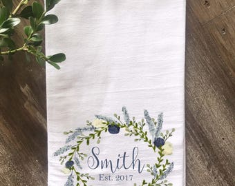 Personalized Farmhouse Flour Sack Tea Towel, Personalized kitchen towel, Wedding Gift, Housewarming Gift, Anniversary Gift, Blue Watercolor