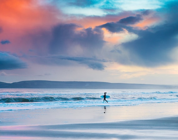 Sunset Surfing, surfing pictures, seascape prints, Dorset prints, sunset, limited edition print, photographic print