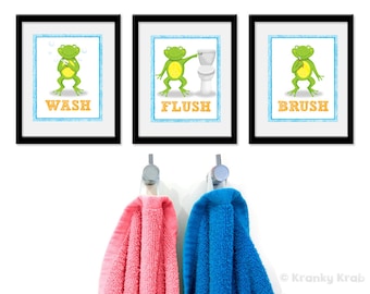 Kids Bathroom Art - Frog Theme Bathroom Prints - Set of Three - Kids Bathroom Prints - Frog Theme Bathroom