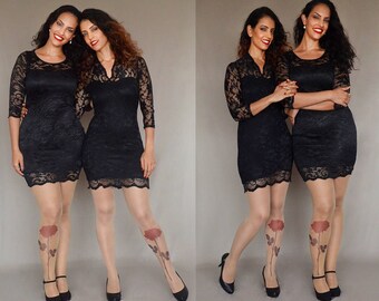 Tattoo Tights with Rose, Semi-Sheer Tights, S-XXL Sizes Available, Printed Tights, Pantyhose, One Pair