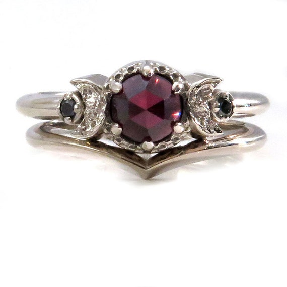 Garnet and Black Diamond Moon Phase Engagement Ring Set - Fine Contemporary Handmade Jewelry