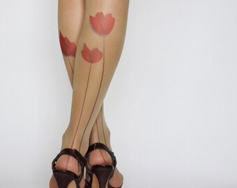 Delicate Tattoo Tights With Flower , Printed Handmade Tights , Tattoo Women's Pantyhose , tattoo socks