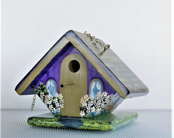 Small Purple and Tan Birdhouse , Handmade , Hand Painted , Lots of Flowers , with Clean Out