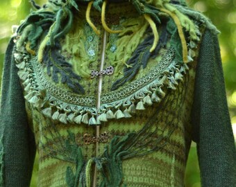 Green long Sweater COAT, fantasy boho, wearable art clothing, up cycled OOAK, refashioned festivals Eco-Couture. Size LARGE. Ready to ship