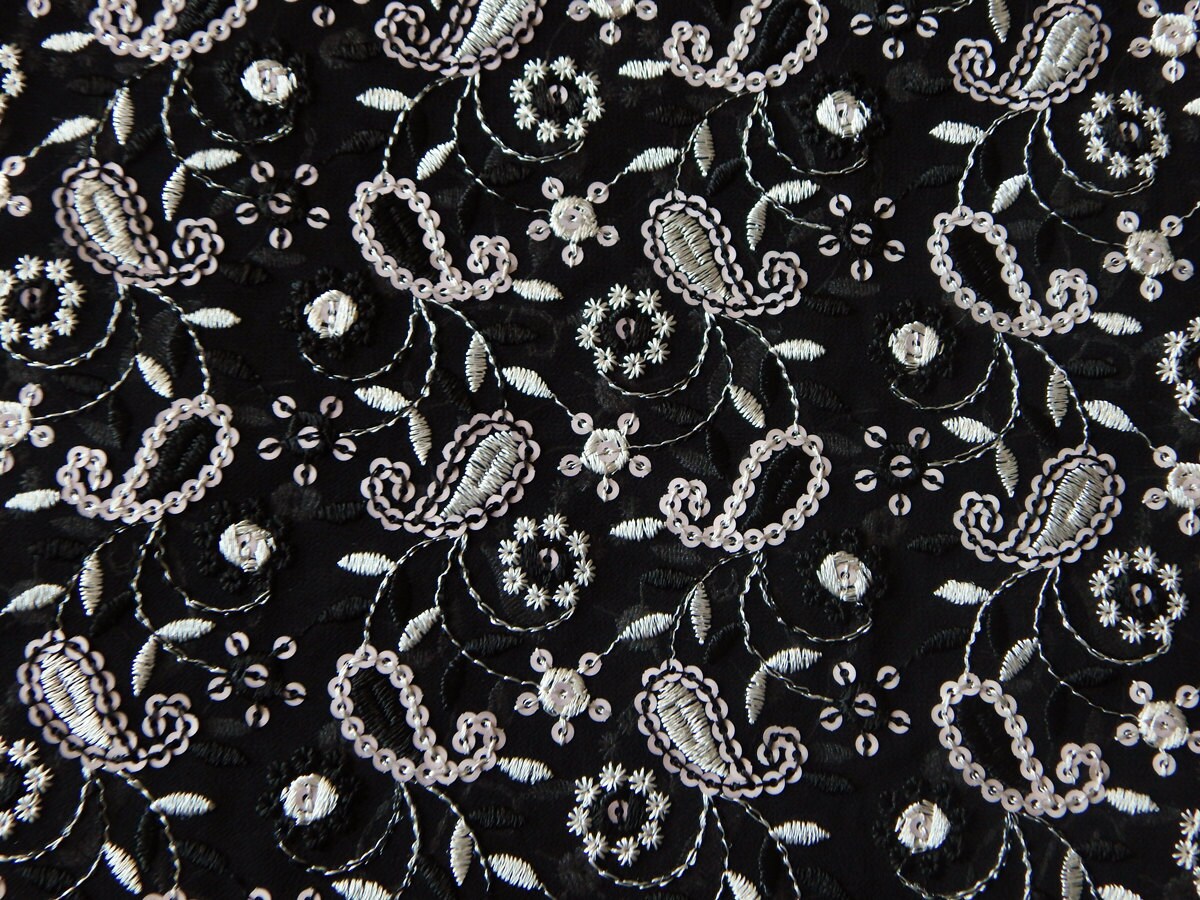 Half yard - Black Embroidered Fabric, Chiffon Fabric, Indian Embroidered Fabric, Floral Fabric ...
