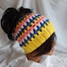 Messy Bun Hat Pony Tail Hat - Crochet Woman's Fashion Hat - Yellow, Blue, Pink and White