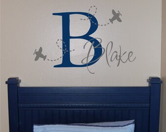 Airplane Name & Initial Wall Decal - Plane Wall Decal - Airplane Wall Decal with Name and Initial - Boy Wall Decal