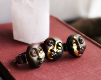 Moon Face Ring - Fully Adjustable - Handcrafted Clay & Gold Leaf . Handmade Clay Jewelry . Goddess . Crystal and Gemstone Jewelry