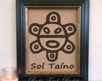 Puerto Rico, Puerto Rico Taino, Sol Taino en Tela de Saco, Sol Taino, Puerto Rico Souvenir, Taino symbol, Boricua Pride, 8 x10" sin marco