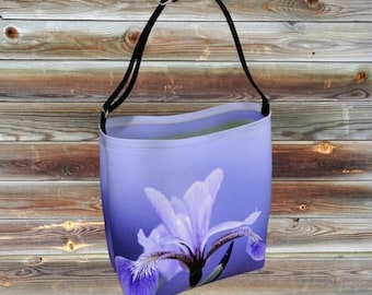 Custom printed Day Totes with ajustable strap. The blueflag Iris, wildflower of the northern marsh. Black and white photography.