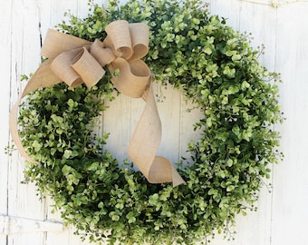Boxwood Wreath, Farmhouse Decor, Green Wreath, Front Door Wreath, Burlap Wreath, Outdoor Wreath, Year Round Wreath, All Season Wreath