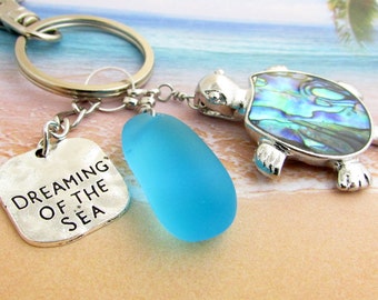 Sea Turtle Keychain, Sea Glass Keychain, Beach Glass Keychain, Beach Keychain, Car Accessories, Abalone Shell Turtle, KY24