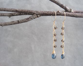 Teal Blue and Brown Earrings - Moss Kyanite and Smoky Quartz - Chandelier Dangles - Semi Precious Stones