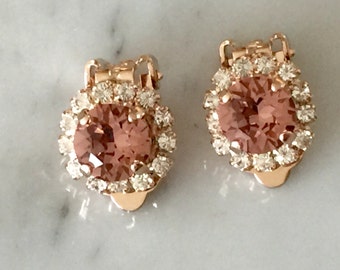 Blush Rose & Clear Swarovski Crystal Clip On Earrings, Rose Gold