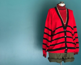90s Grunge Striped Pullover Turtleneck Slouchy Sweater Red Black Oversized Sweater Grunge Sweater Striped Knit Cardigan Medium Large