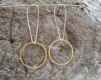 Circle Earrings, Simple Hoops, Gold and Silver, Mixed Metal, Hoop Earrings, Hammered Earrings, Gold Earrings, Geometric, Earrings, dangle