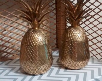 Pair of brass pineapples candle holder and trinket box or bookend solid brass 6.75" pineapples