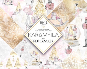 Nutcracker Paper Pack Christmas Digital Backgrounds Xmas Printable Seamless Patterns Romantic Marble Gold Foil Glitter Ballerina Planner DIY