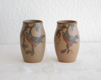 Pair of L. HJORTH Bird Vases Danish Design Terracotta Bornholm Denmark Decoration Art Pottery Jugend Art Deco Nouveau