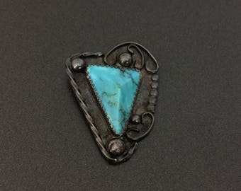 Vintage Southwestern Triangular Turquoise Sterling Silver Pendant