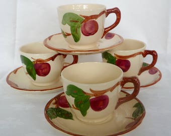 Vintage Franciscan Apple Cups and Saucers Hand Painted Four Sets