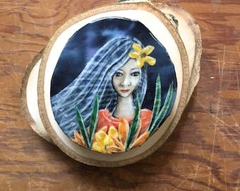 Unique original art, blue hair, gifts for teen, this if your moment, gifts for her, yellow flower, birthday gift, shellieartist, wood slice