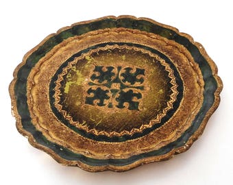 Florentine tray round green and gold. Vintage 1950's