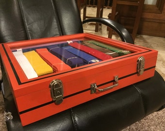 Karate belt display case ( custom built & colored with pinstripes) wall mount