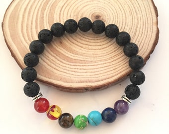 7 Chakra bracelet, Chakra jewelry, Yoga bracelet, Boho Gemstone therapy, Lava stone bracelet, Energy bracelet, Lava Rock bracelet