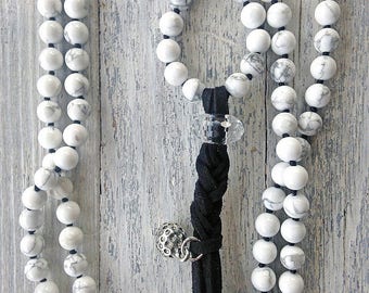 White turquoise necklace / Gemstone long beaded necklace / Black tassel necklace