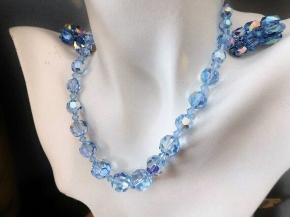 Aurora Borealis Necklace and Earrings / Blue Crystal Jewelry /Mid Century