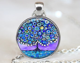 Whimsical Tree Pendant, Blue Tree Art Pendant, Whimsical Tree Necklace, Whimsical Tree Art, Bronze, Silver, Tree Jewelry, Tree Painting, 160