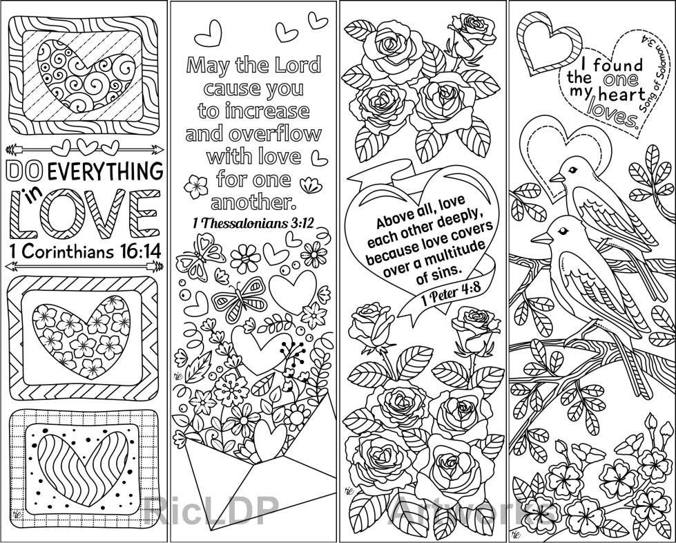 Download 8 Printable Coloring Bookmarks with Love Bible Verses Love