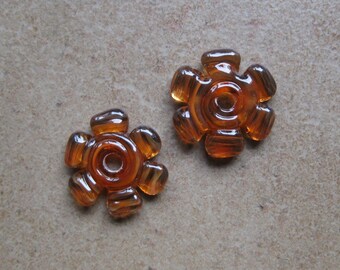 Lampwork Beads - SueBeads - Disc Beads - Disc Flowers - Autumn Toned Cut Disc Flower Bead Pair - Handmade Lampwork Beads - SRA M67