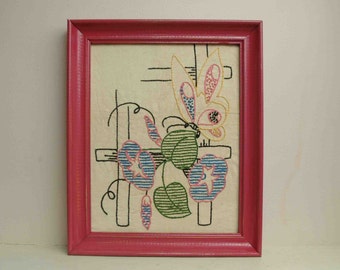 Vintage Butterfly Morning Glory on Fence Needlepoint Pink Frame 1950s