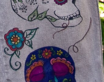 Doodled Denim - Mexican Folk Art Drawn on Jean Jeggings, sugar skulls, day of the dead clothing