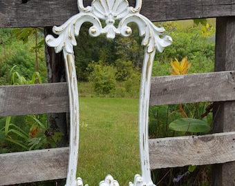 Large distressed Shabby Chic White and Gold Wall Mirror/ Hollywood Regency Mirror/ Ornate Mirror/ Baroque Mirror / Bathroom mirror/ Nursery