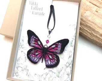 Handmade butterfly pendant, embroidered butterfly necklace with Swarovski crystals. lace butterfly, embroidered butterfly necklace