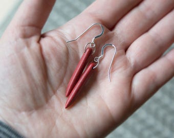 Red spike earrings Modern thin red stick earrings Skinny red earrings Thin red earrings Silver red howlite Long red dangle Red jewelry gift