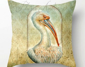 Pillow .PELICAN in a capsule .PRINT art.. animal art - woodland art - fine art -living room - childrens room - nursery -vintage, birds