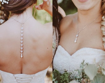 Rose Gold Bridal Backdrop necklace, Wedding back drop necklace, Rose gold Bridal necklace, Wedding jewelry, Crystal pearl necklace, EMMA