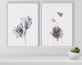 Set of black and white floral art print, Modern Wall Art, Art Print Set, Botanical Poster, Room Decor, Christmas gift, Digital Download